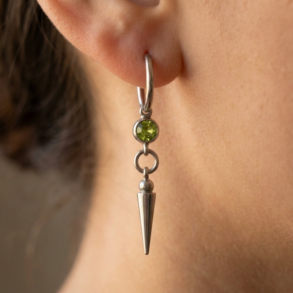 Peridot Green Crystal Bezel Spike Drop Hoop Earrings