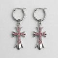 Pink Crystal Gothic Cross Hoop Earrings