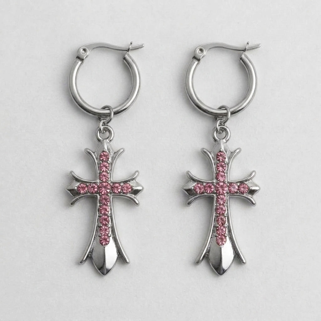 Pink Crystal Gothic Cross Hoop Earrings