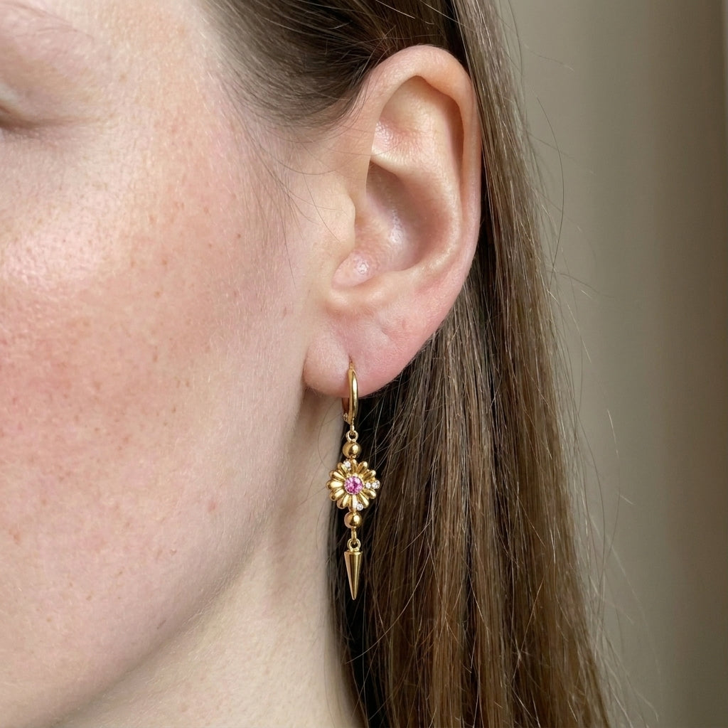 Gold Pink Crystal Daisy Spike Drop Hoop Earrings