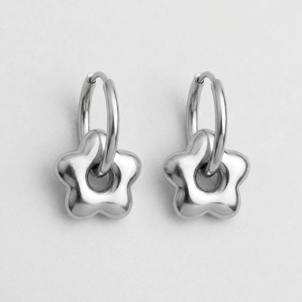 Puffy Chrome Flower Charm Hoop Earrings