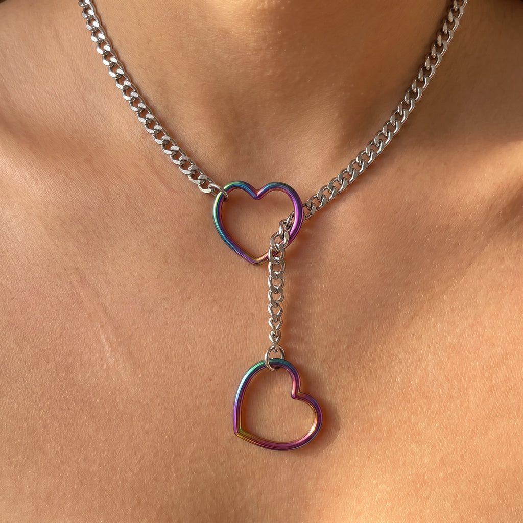 Rainbow Double Heart Ring Lariat Curb Chain Necklace