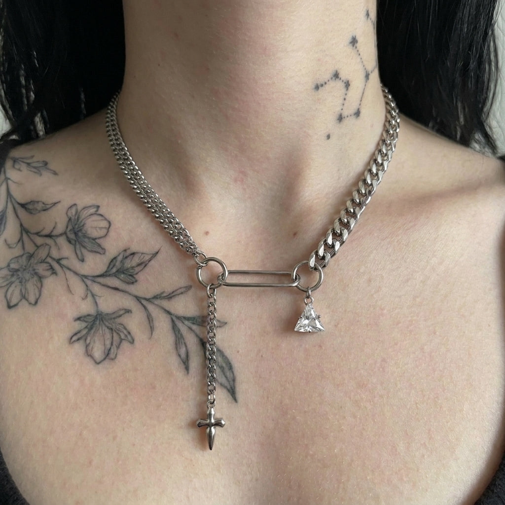 Ram Skull Dagger O-Ring Lariat Chain Necklace