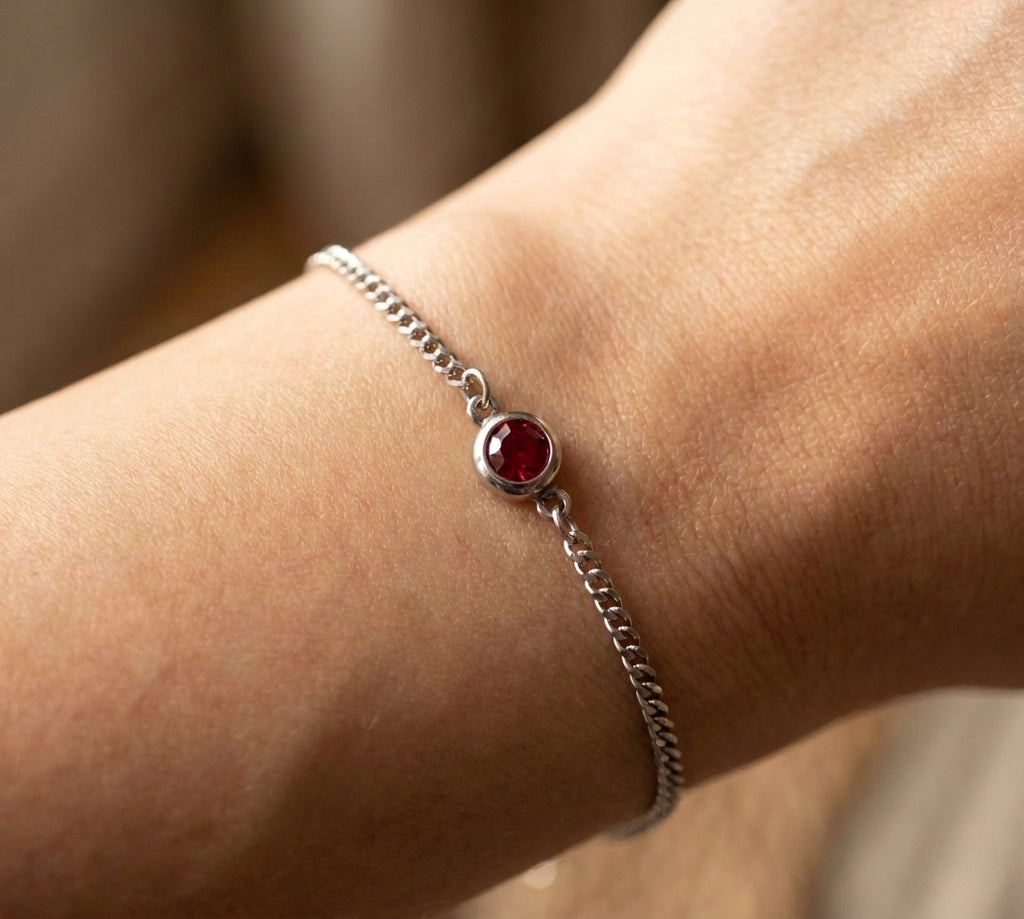 Ruby Solitaire Silver Curb Chain Bracelet