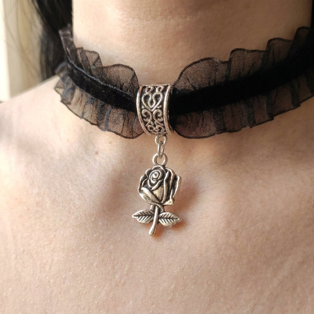 Ruffled Lace Rose Gothic Choker Necklace