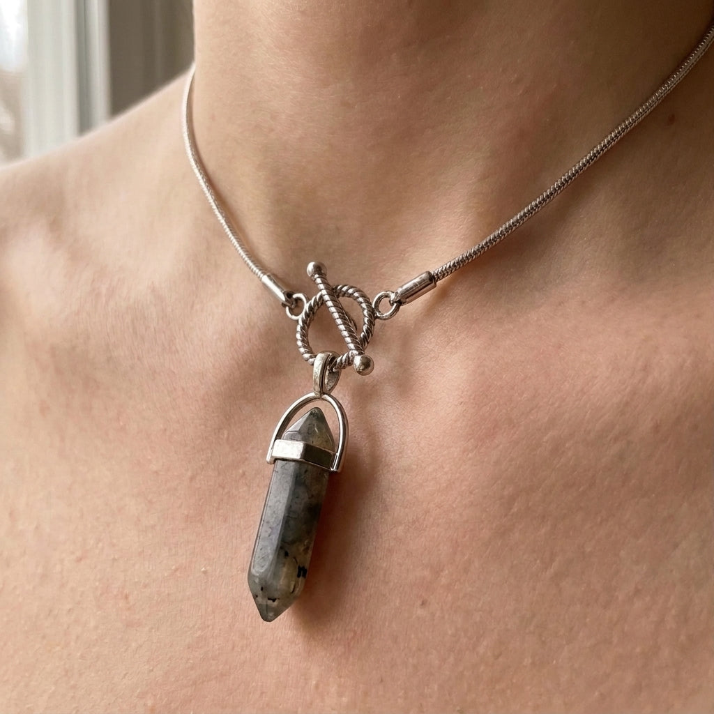 Serpentine Cipher Crystal Point Necklace