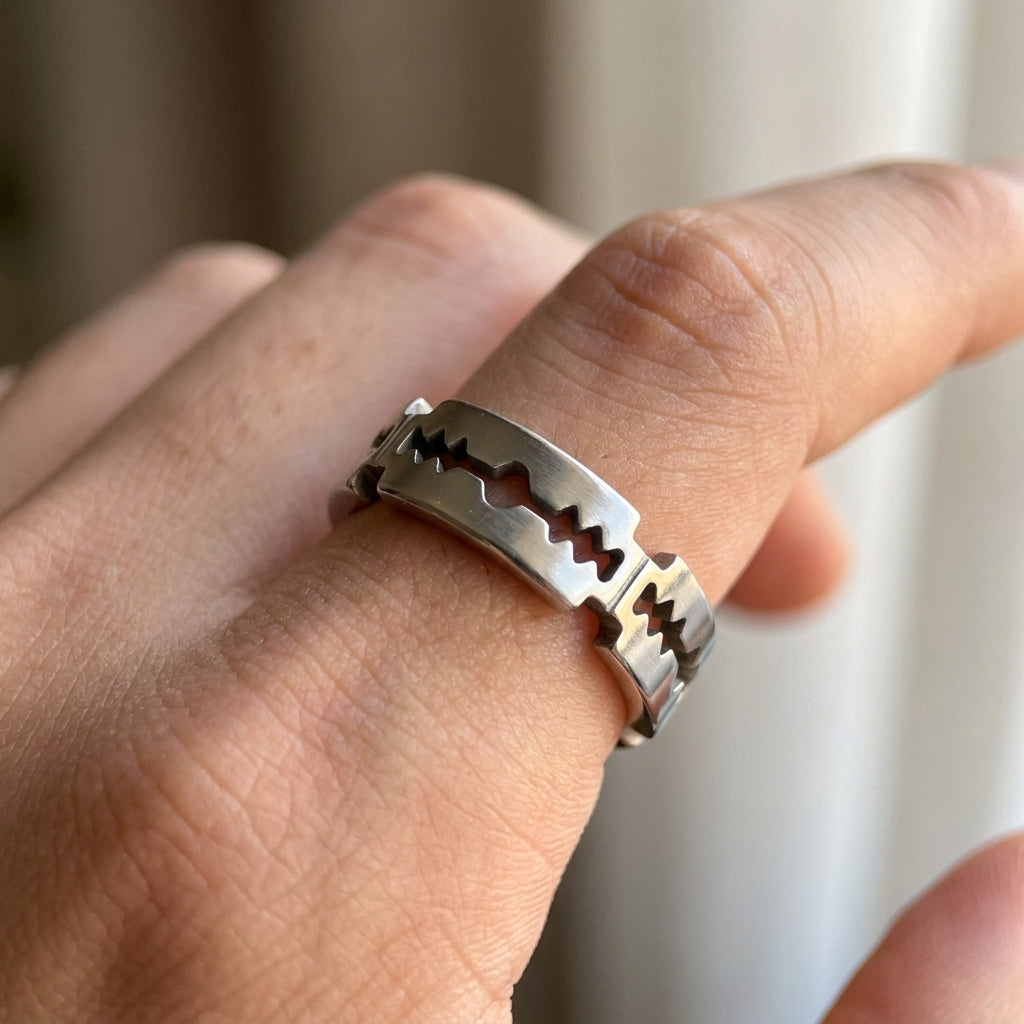 Serrated Blade Cut-Out Silver Band Ring