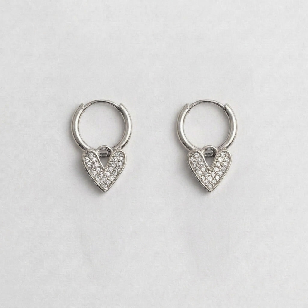 Silver Pavé Heart Charm Huggie Hoop Earrings
