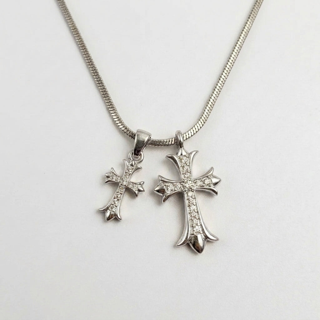 Silver Pavé Twin Gothic Cross Snake Chain Necklace