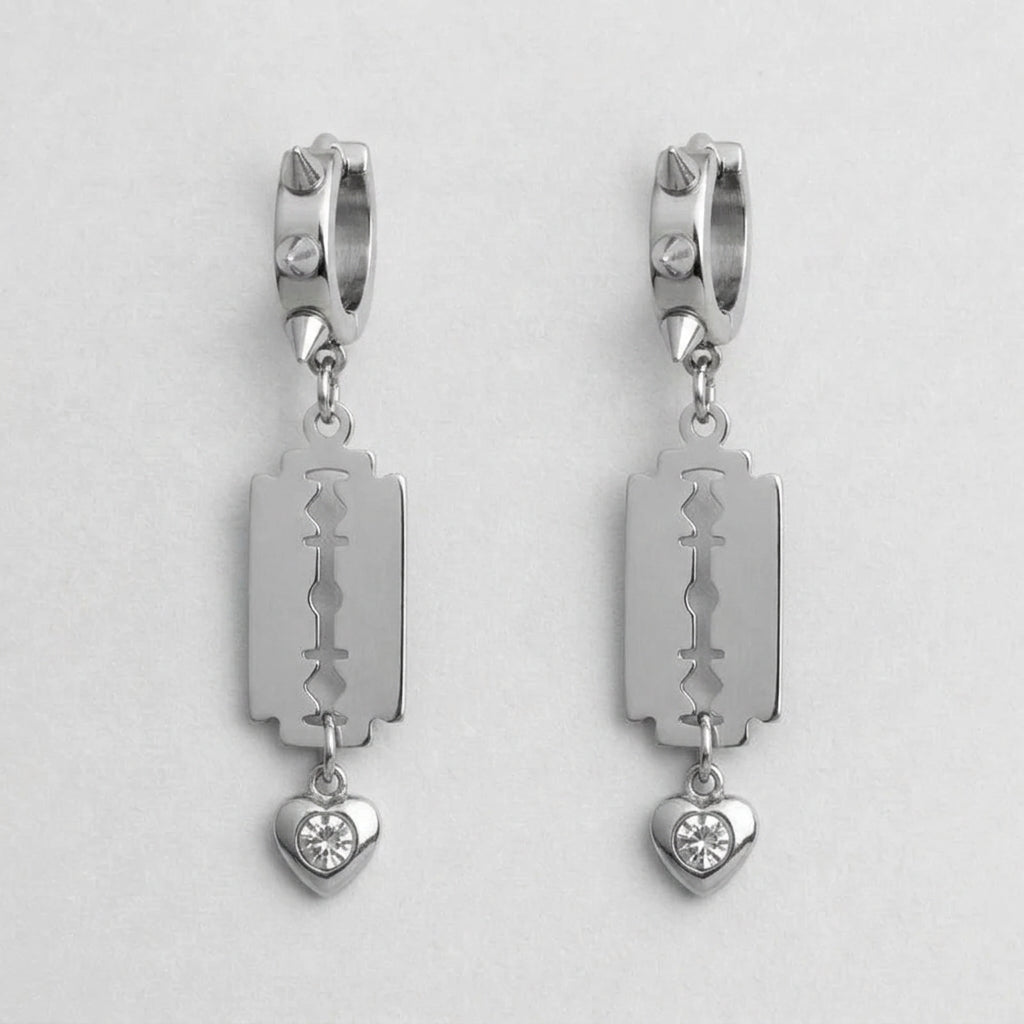 Silver Razor Blade Crystal Heart Spiked Huggie Earrings