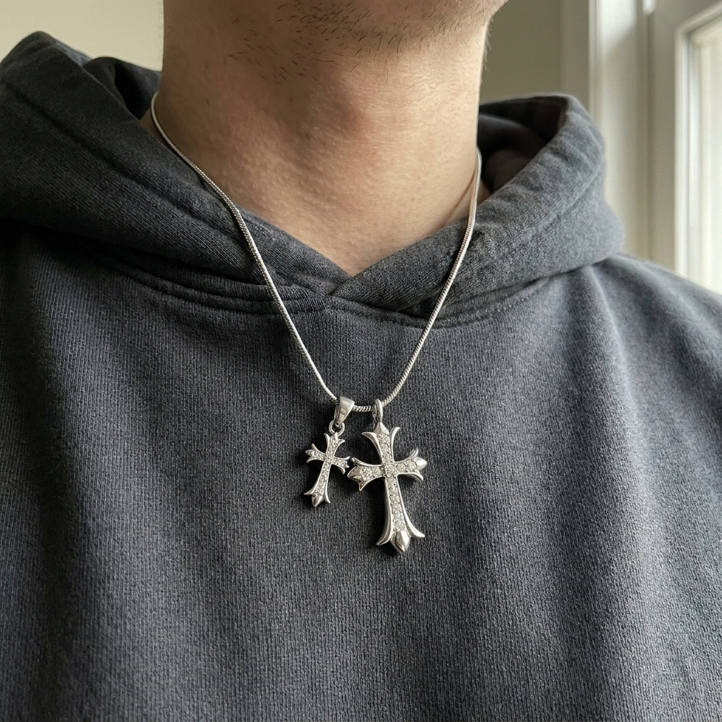 Silver Pavé Twin Gothic Cross Snake Chain Necklace