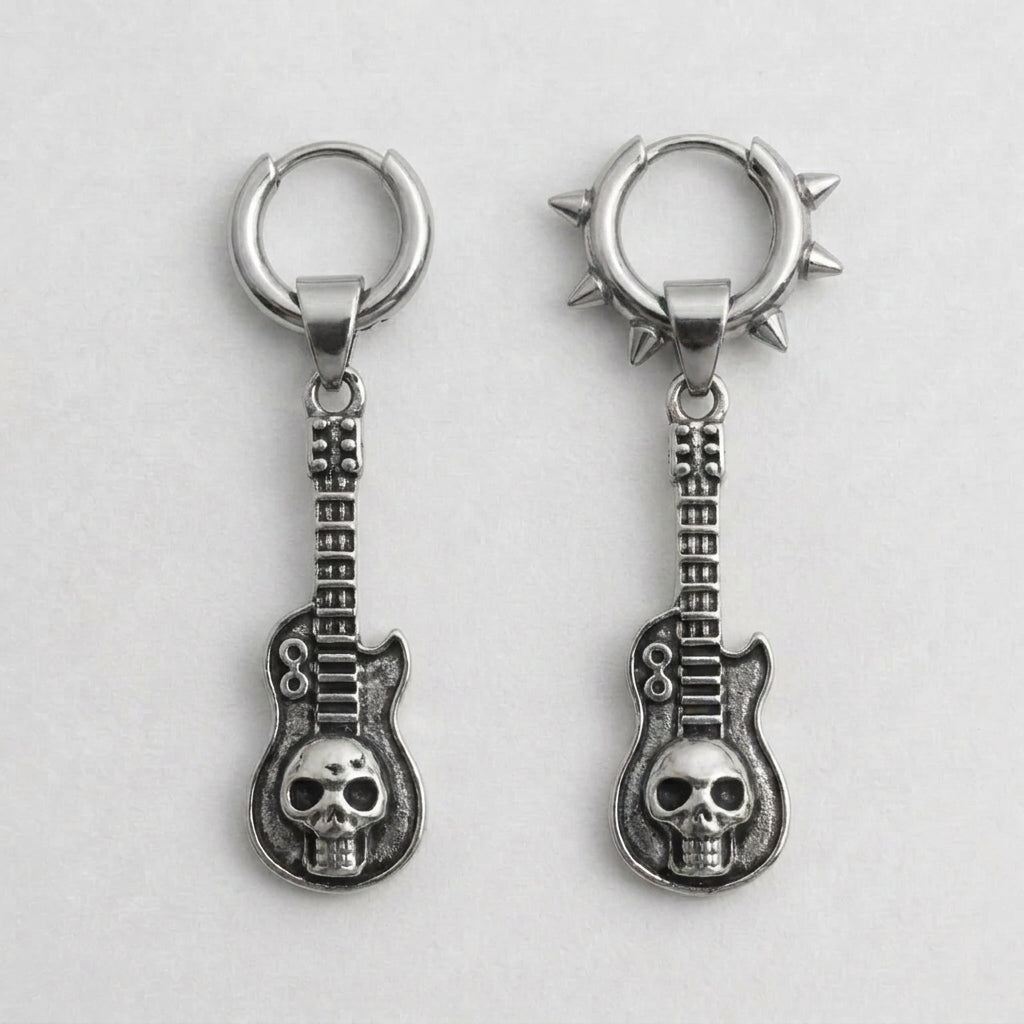 Skull Guitar Mismatched Spiked Hoop Earrings