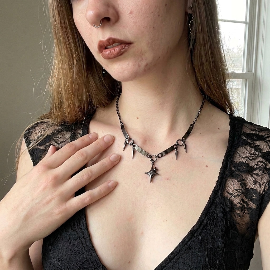 Sparkle Star Spike Bar Link Choker Necklace