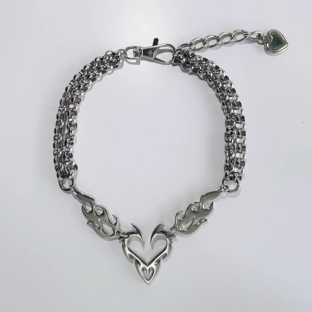 Tribal Flame Heart Double Rolo Chain Choker Necklace