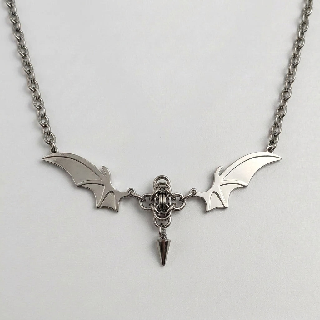 Twin Bat Wing Chainmail Spike Necklace
