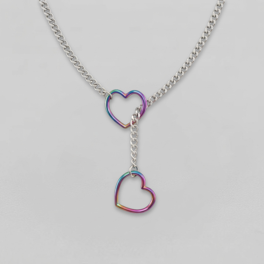 Rainbow Double Heart Ring Lariat Curb Chain Necklace