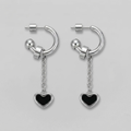 Black Enamel Heart Chain Drop C-Hoop Earrings