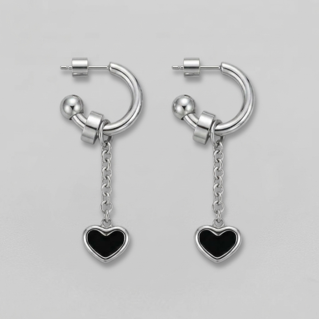 Black Enamel Heart Chain Drop C-Hoop Earrings