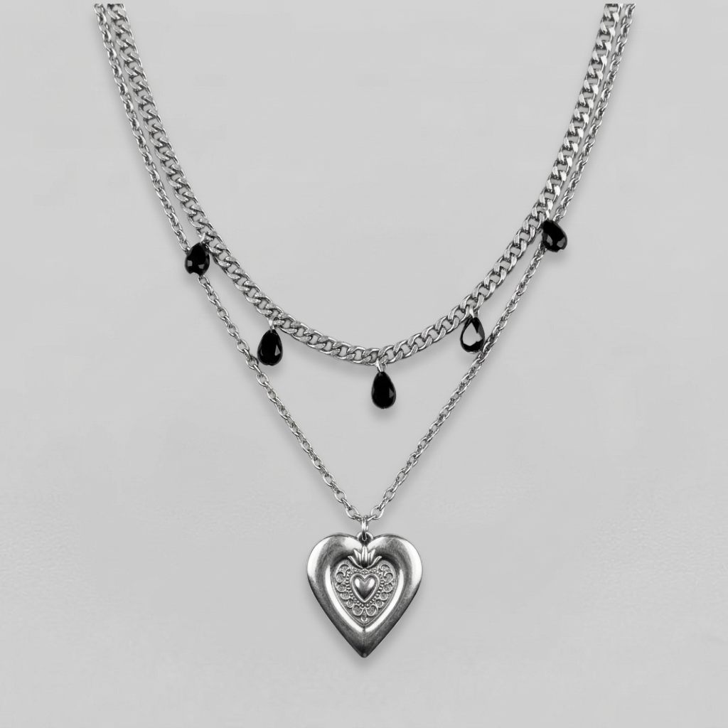 Black Teardrop Sacred Heart Layered Chain Necklace