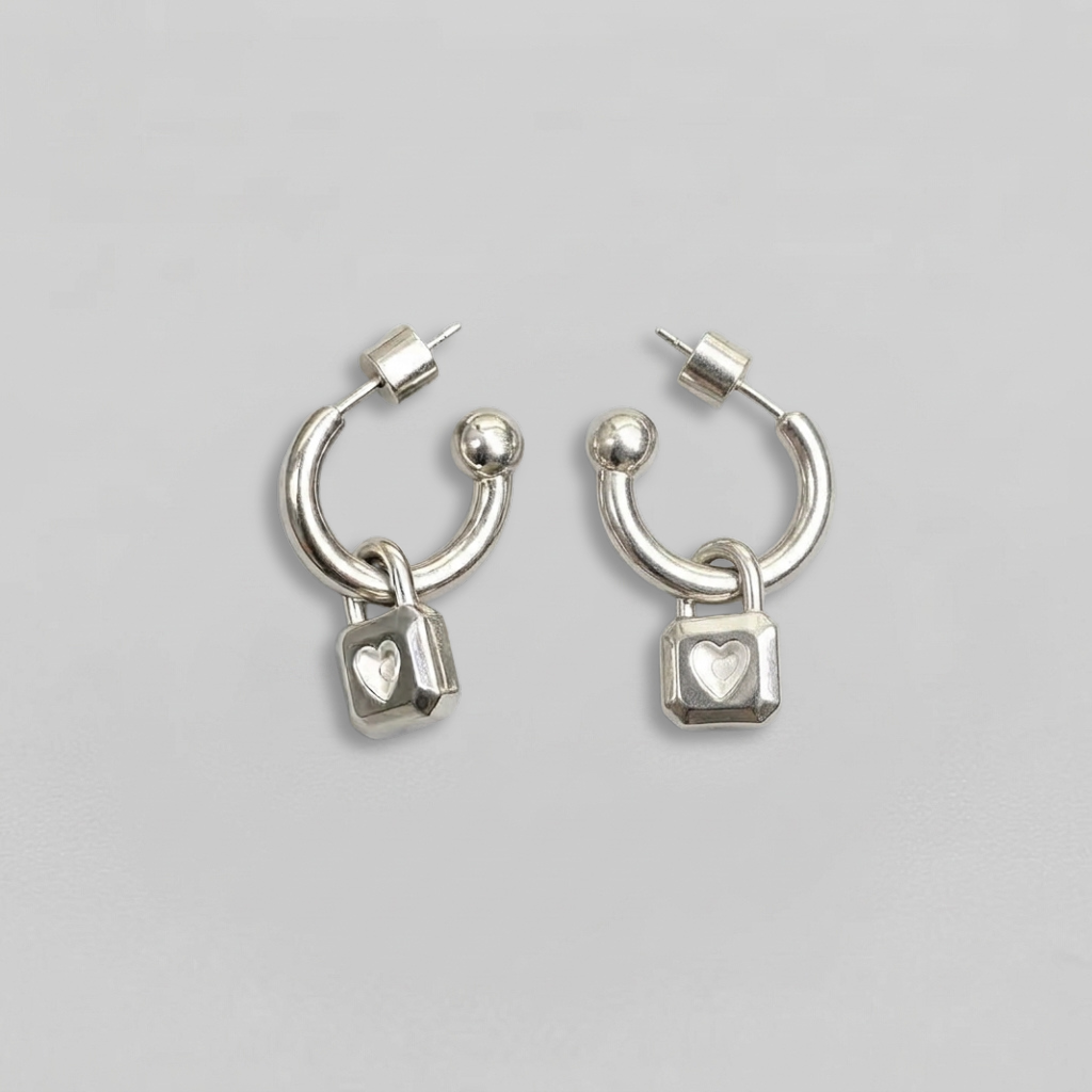 Heart Padlock Ball End C-Hoop Earrings