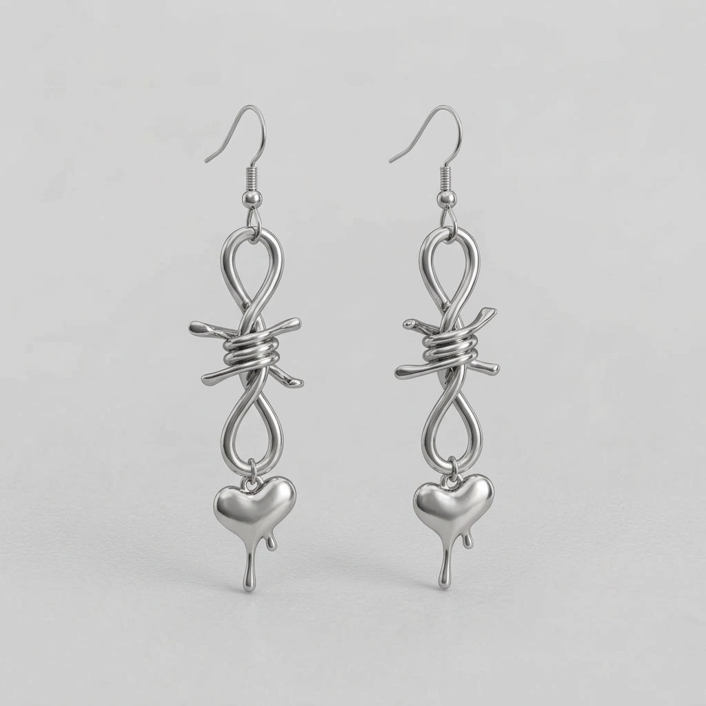 Barbed Wire Knot Dripping Heart Drop Earrings