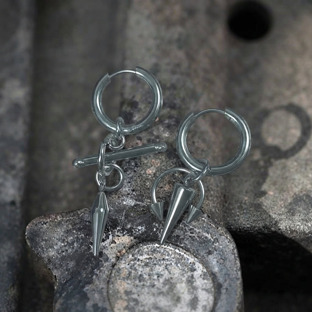 Gunmetal Mismatched Barbell & Spike Huggie Earrings