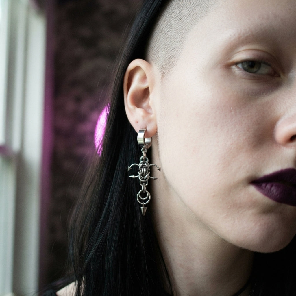 Four Spike Chainmail Cross Huggie Earrings