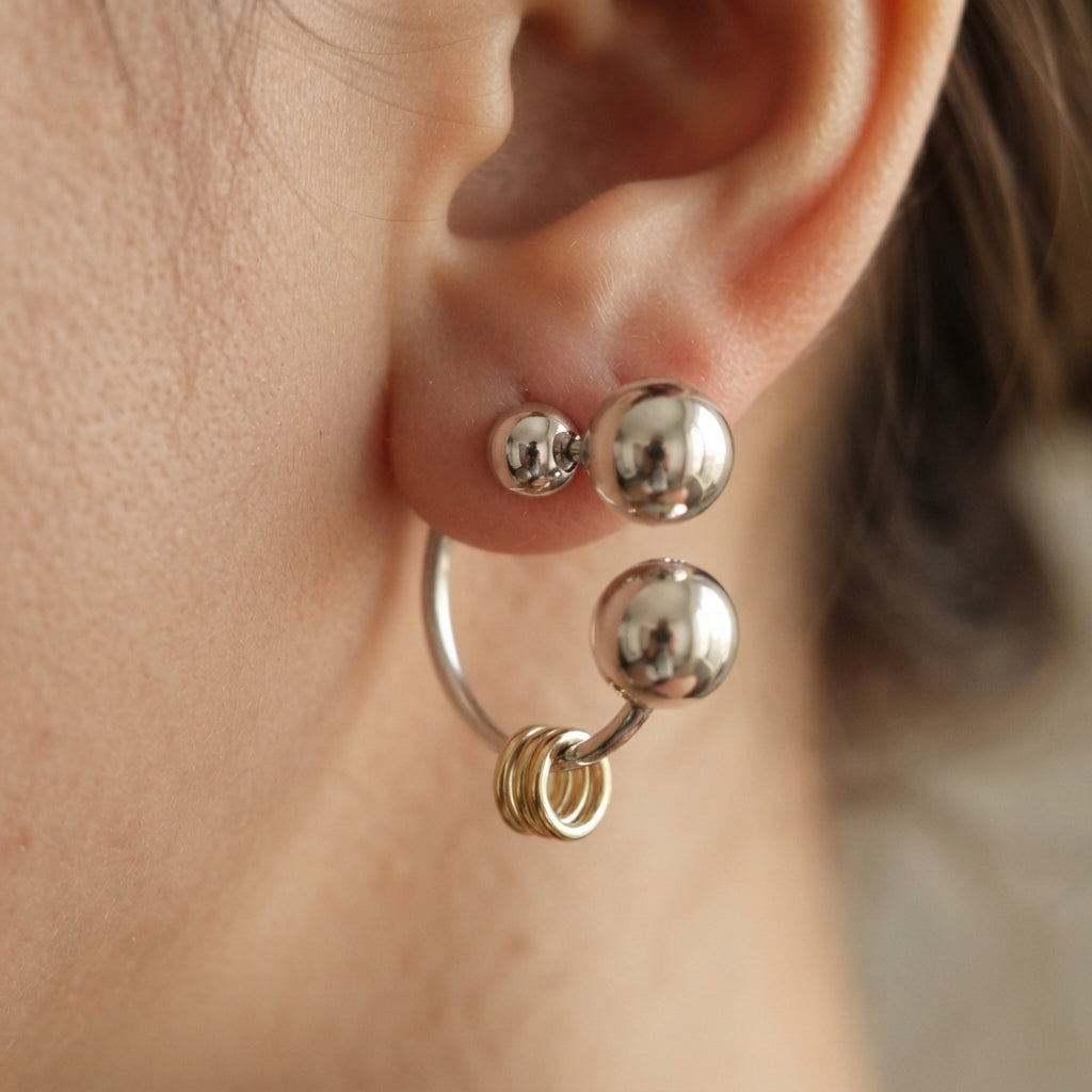 Two-Tone Double Ball Open Hoop Earrings