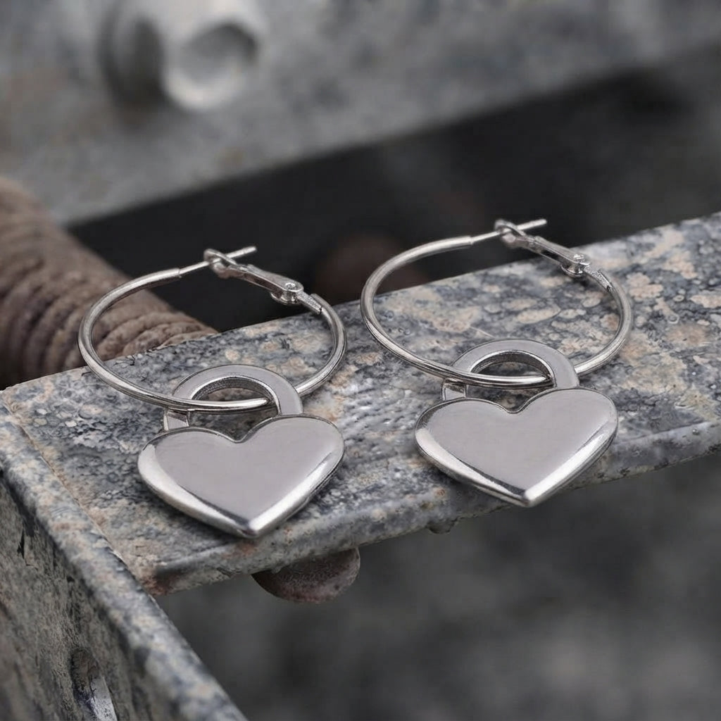 Heart Padlock Charm Hoop Earrings