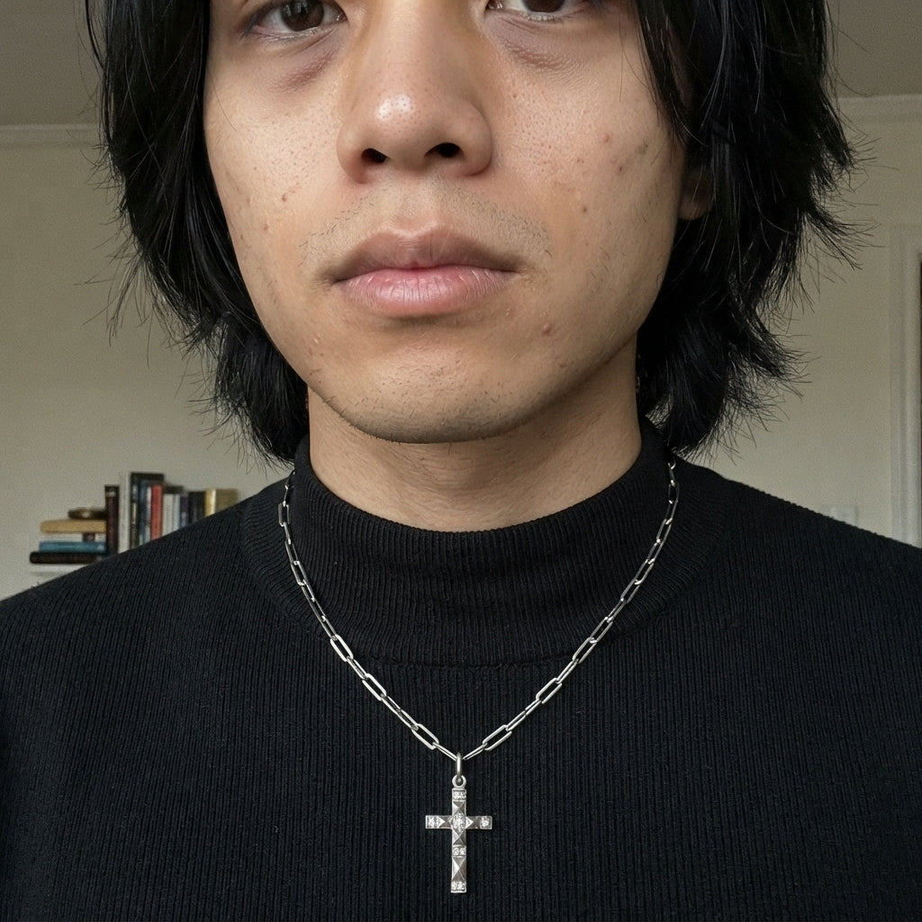 Antiqued Studded Pyramid Cross Paperclip Chain Necklace