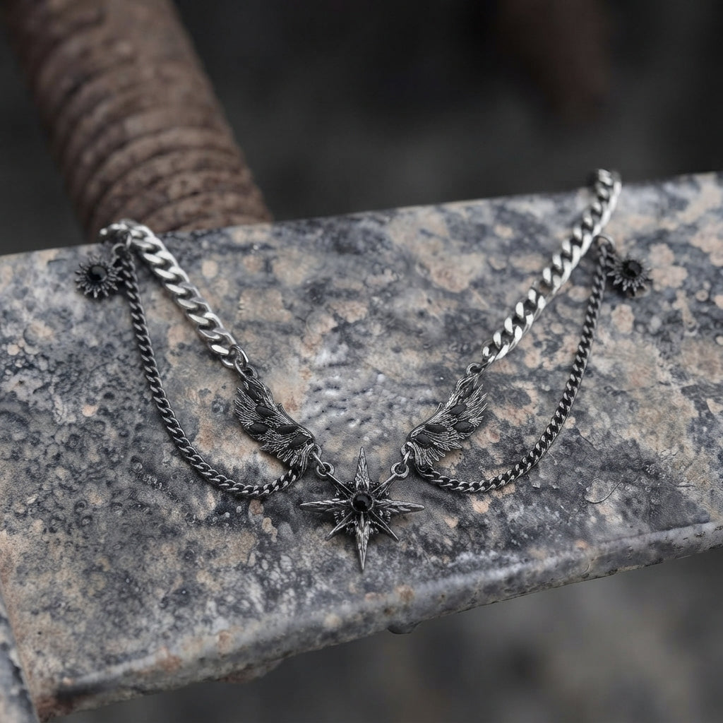Winged Star Black Crystal Draped Necklace