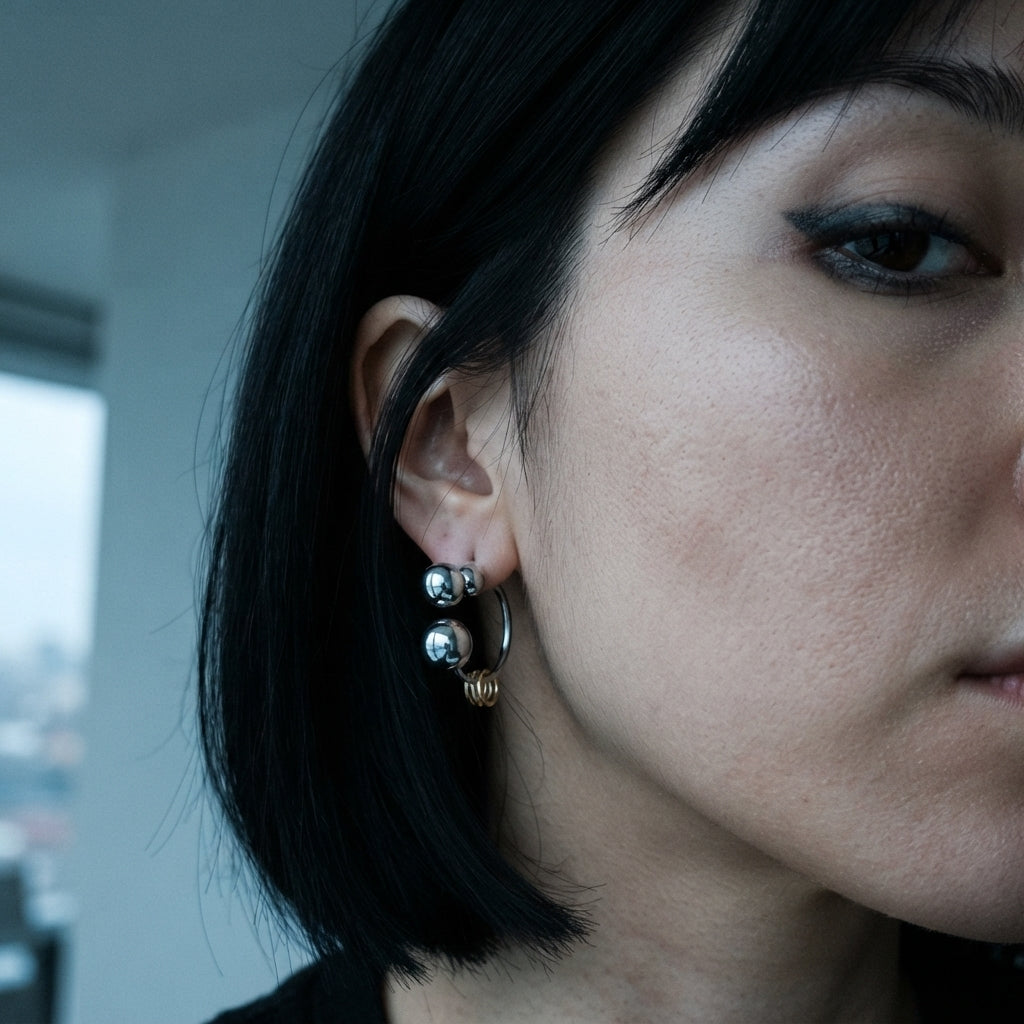 Two-Tone Double Ball Open Hoop Earrings