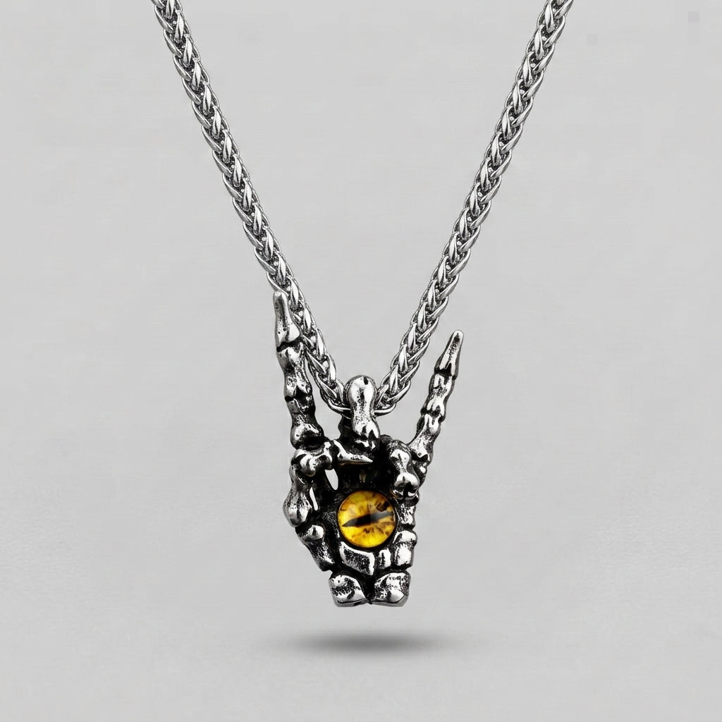 Skeleton Hand Rock Sign Necklace with Dragon Eye Pendant