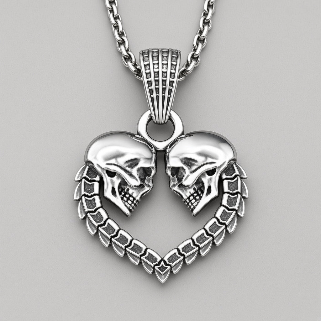 Twin Skull Heart Necklace