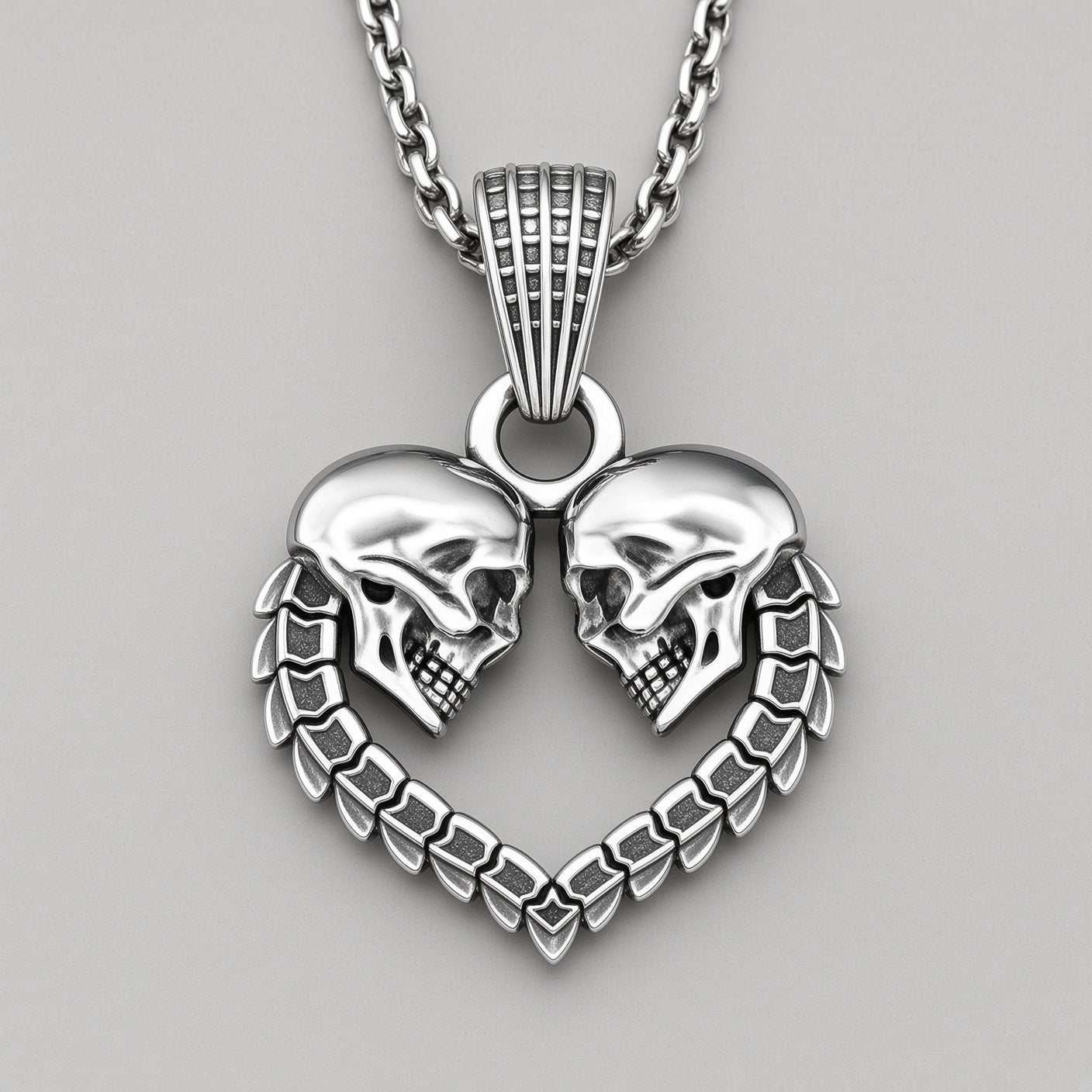Twin Skull Heart Necklace