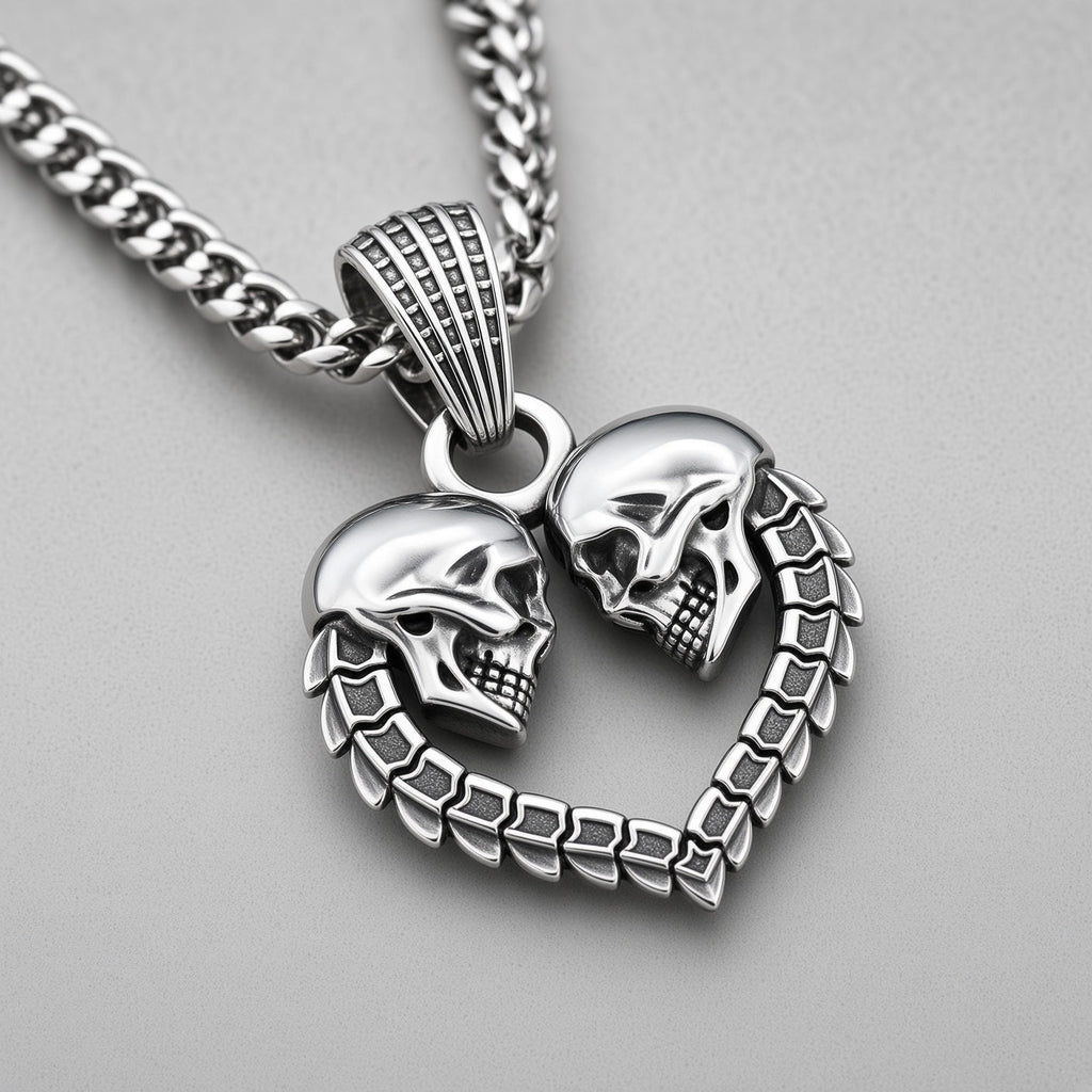 Twin Skull Heart Necklace
