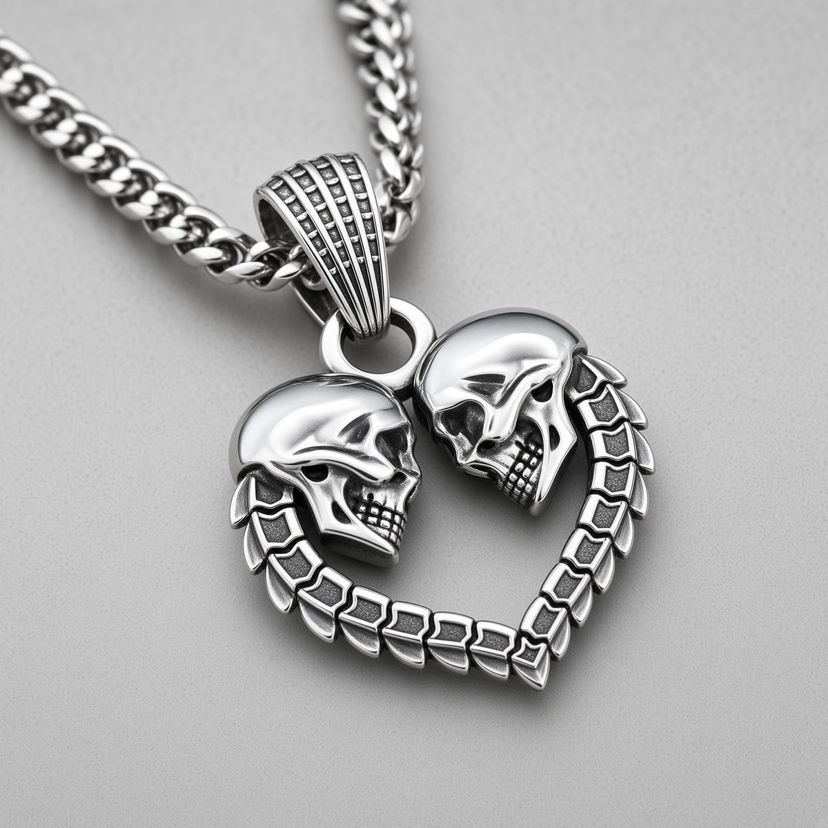 Twin Skull Heart Necklace