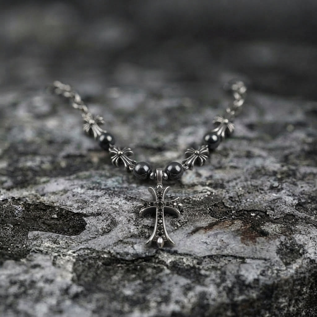 Black Crystal Cross & Hematite Bead Necklace