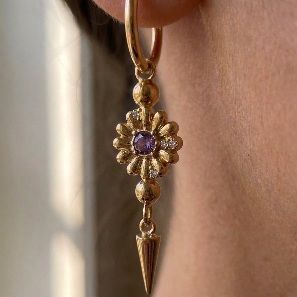 Gold Amethyst Crystal Daisy Spike Drop Hoop Earrings