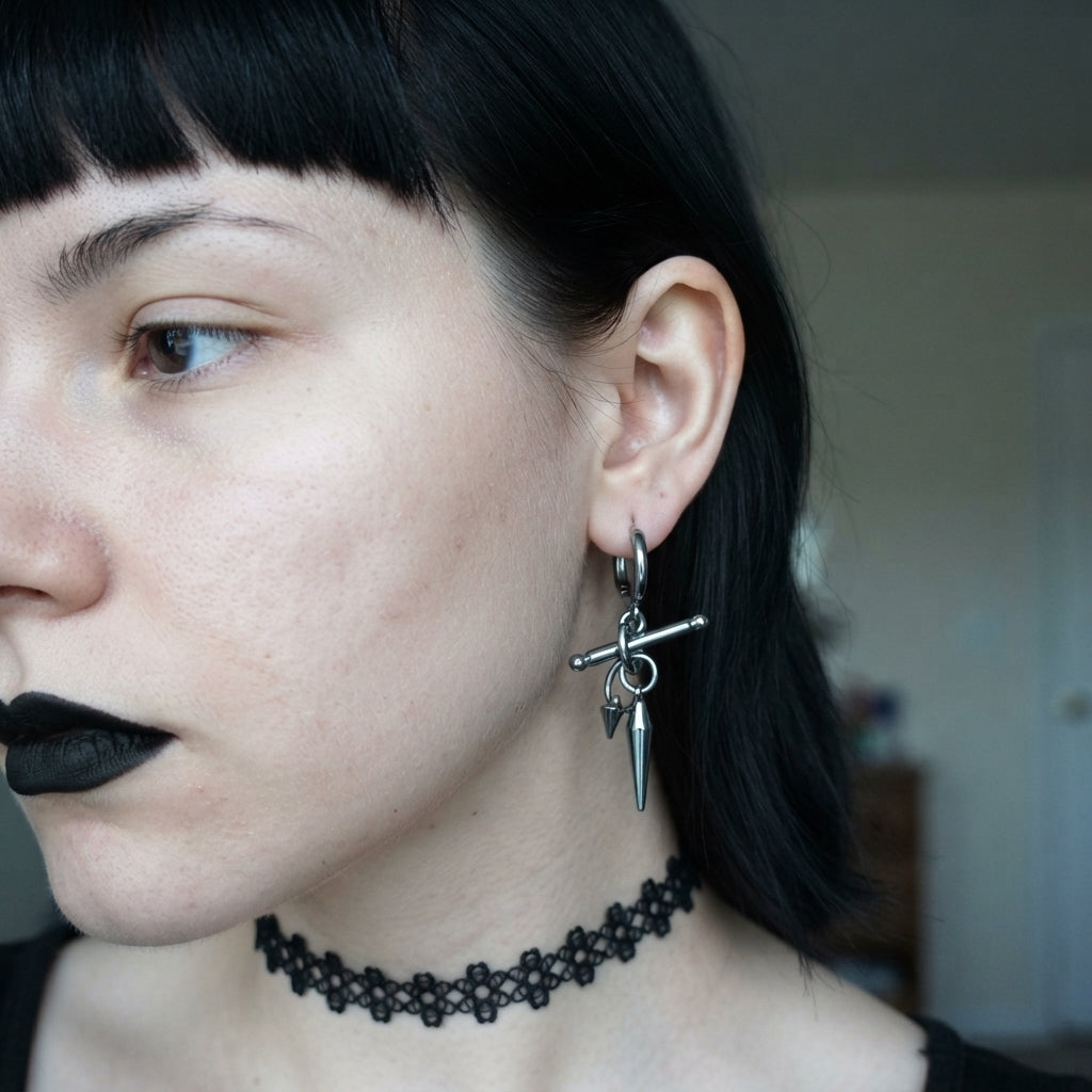 Gunmetal Mismatched Barbell & Spike Huggie Earrings