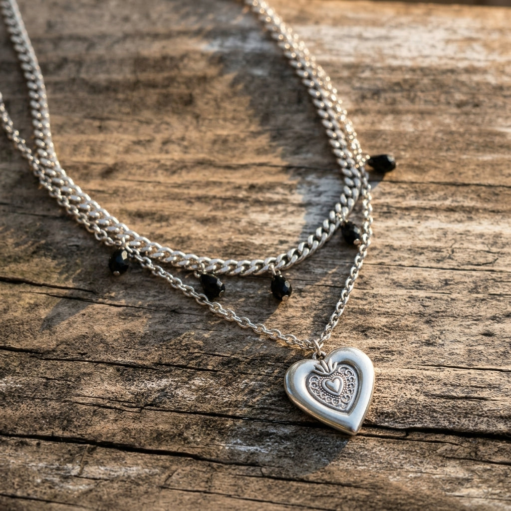 Black Teardrop Sacred Heart Layered Chain Necklace