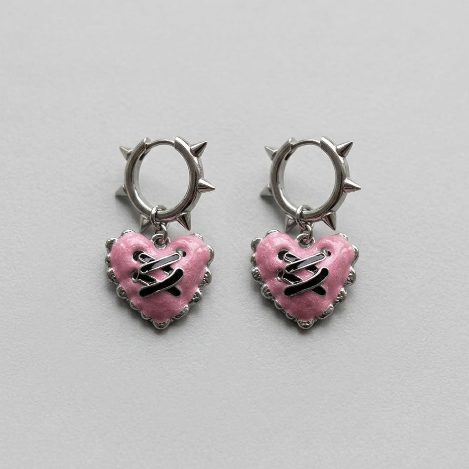 Stitched Pink Heart Spiked Huggie Earrings