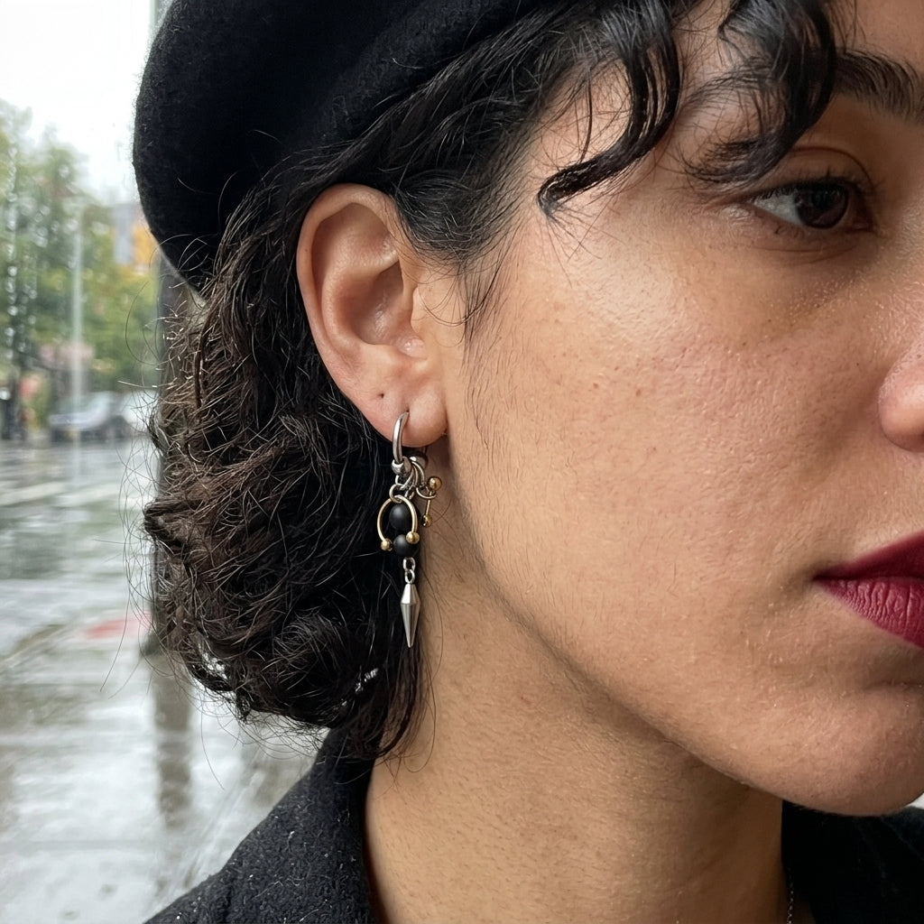Onyx & Gold Bead Spike Earrings