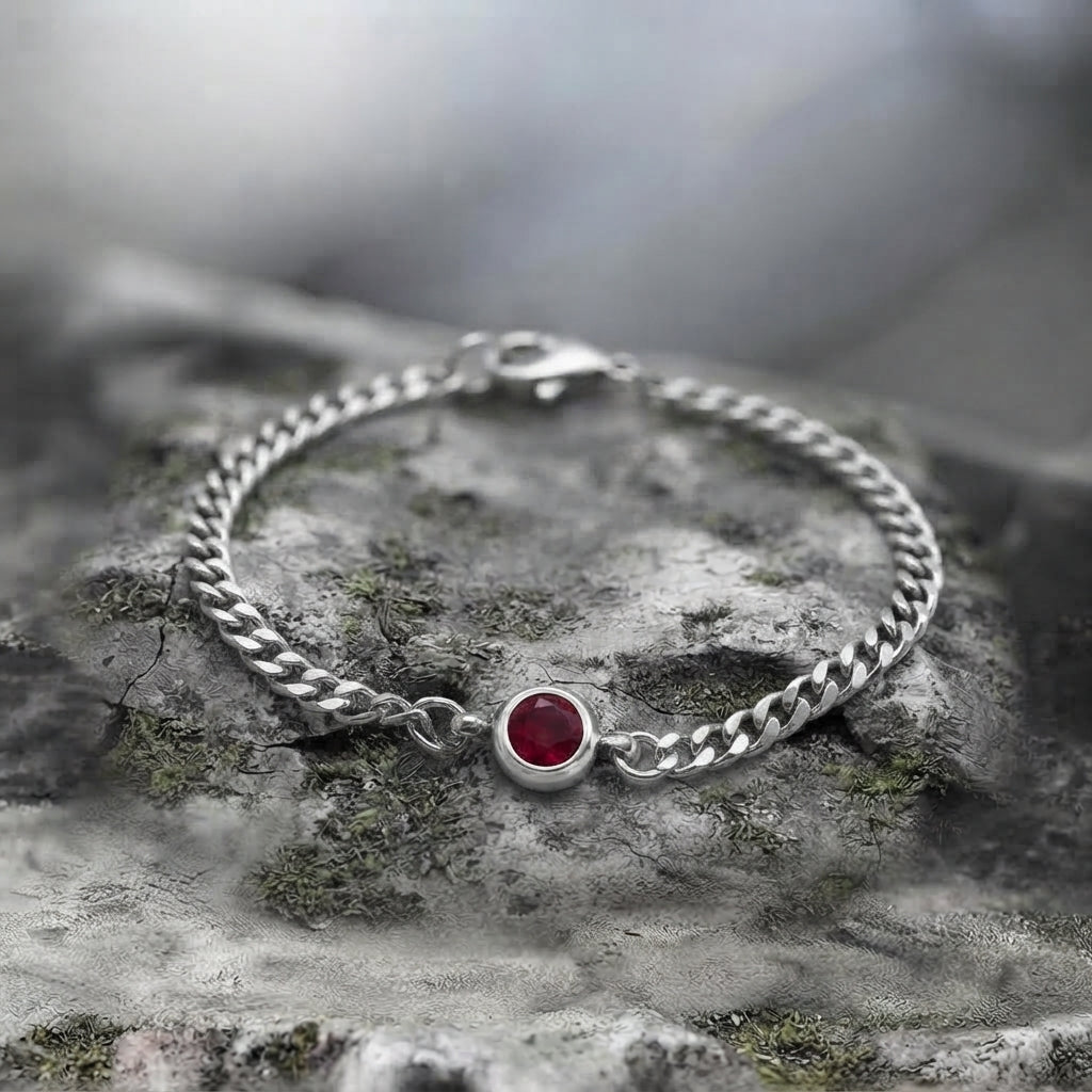 Ruby Solitaire Silver Curb Chain Bracelet