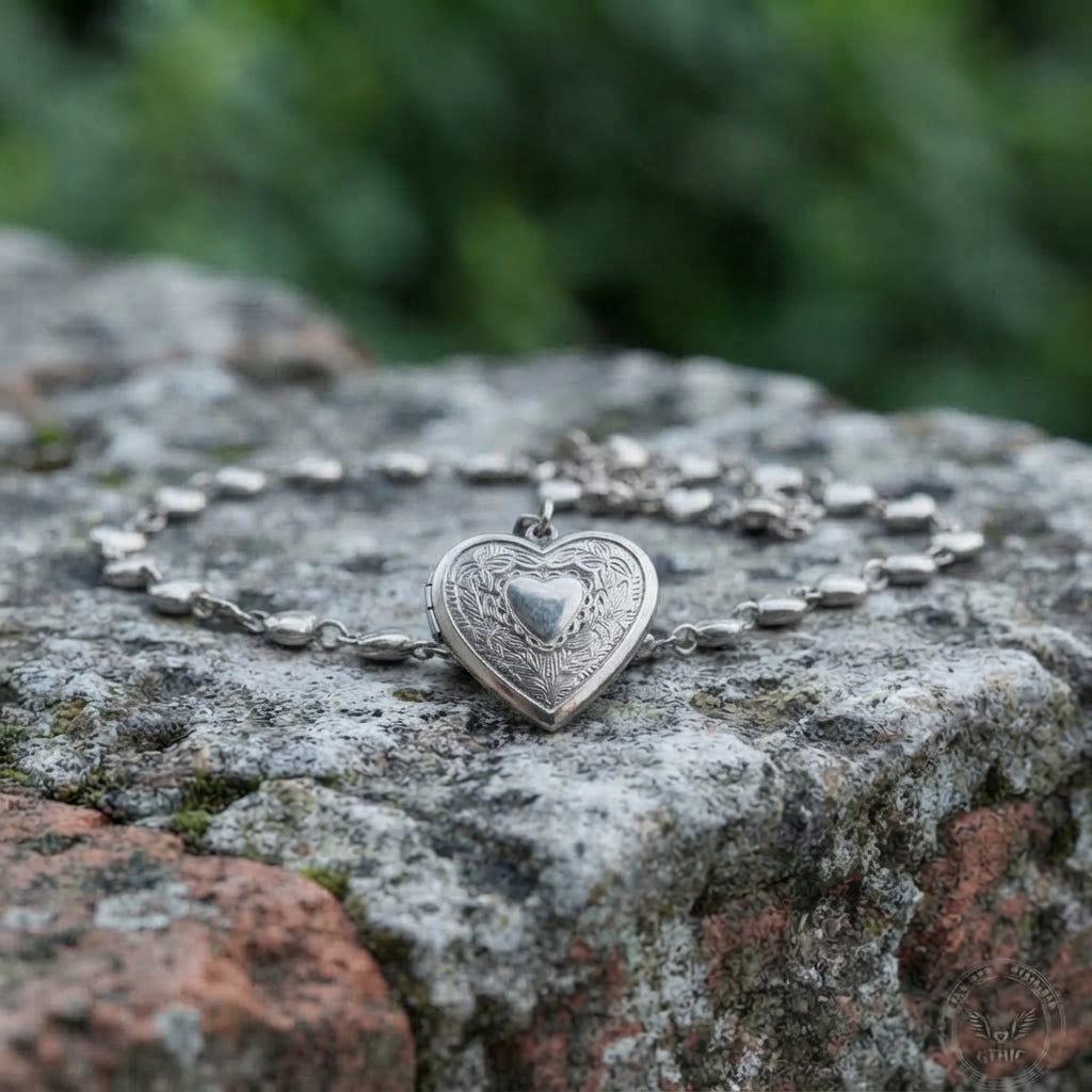 Engraved Floral Heart Locket Chain Necklace