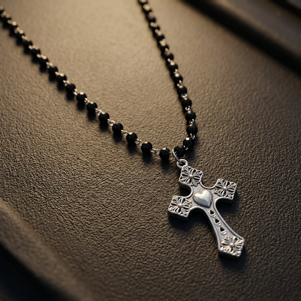 Black Bead Rosary Floral Heart Cross Necklace