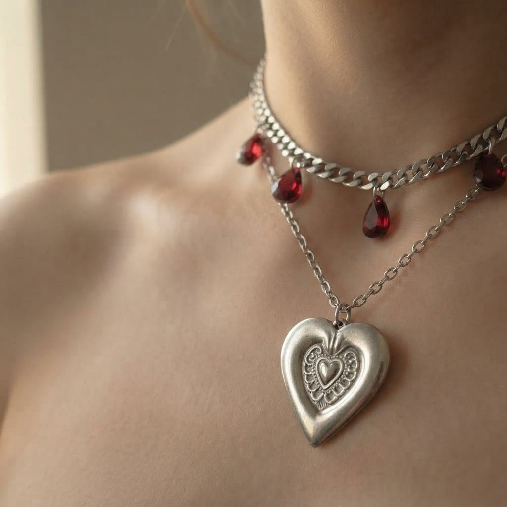 Blood Red Teardrop Sacred Heart Layered Chain Necklace