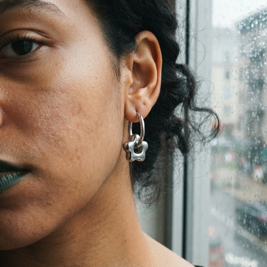 Puffy Chrome Flower Charm Hoop Earrings