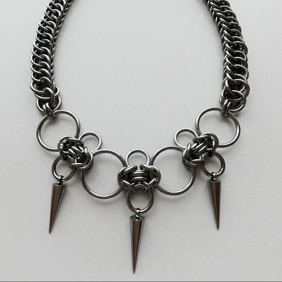 Gunmetal Ring & Triple Spike Chainmail Necklace