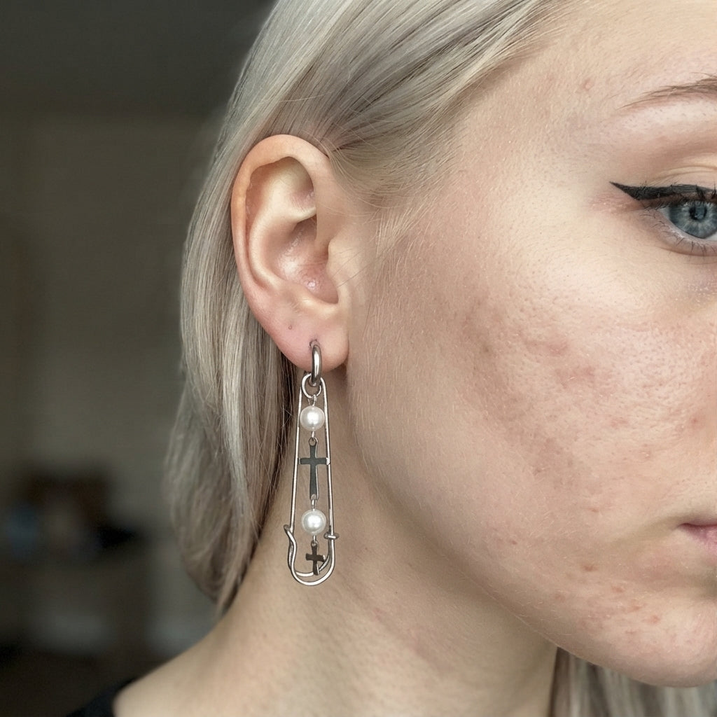 Safety Pin Pearl & Cross Drop Earrings
